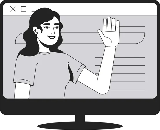 Businesswoman waving from computer screen  Illustration