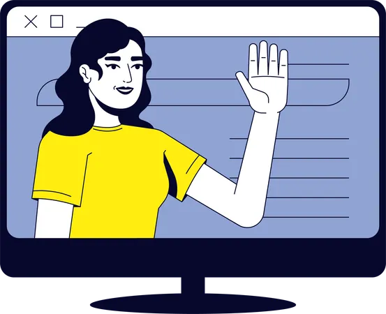 Businesswoman waving from computer screen  Illustration