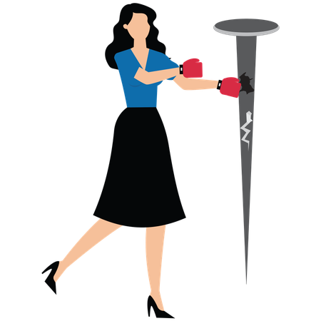 Businesswoman wearing boxing gloves boxing strikes nail in front of him  Illustration