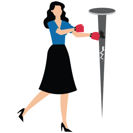 Businesswoman wearing boxing gloves boxing strikes nail in front of him  Illustration