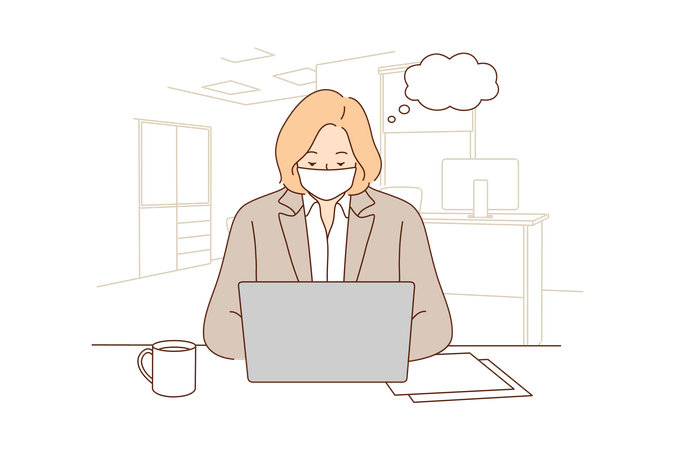 Businesswoman wearing face mask and working on laptop  Illustration