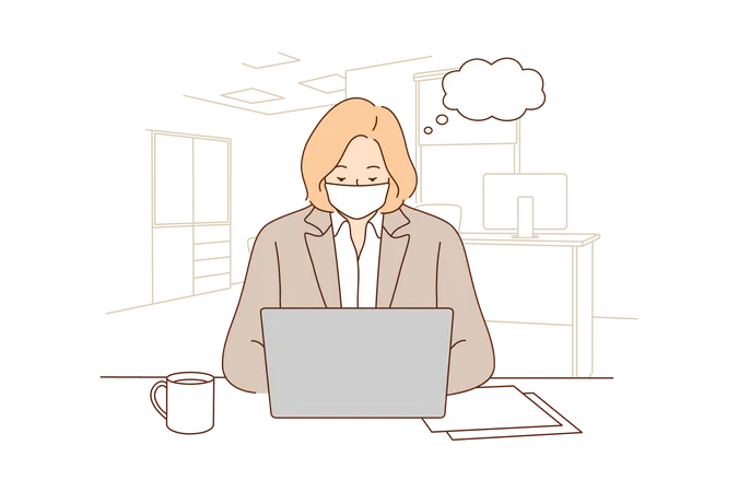 Businesswoman wearing face mask and working on laptop  Illustration