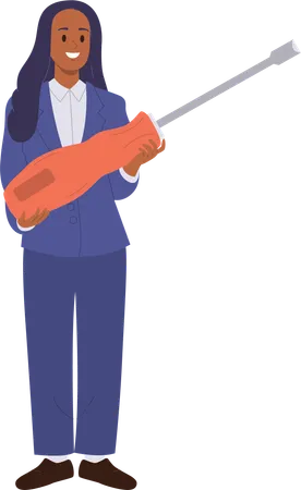 Businesswoman Cartoon Character Wearing Formal Suit Carrying Giant Screwdriver Hardware Work Tool Vector Illustration Isolated On White Background Technical Company Staff Support And Business Repair Illustration