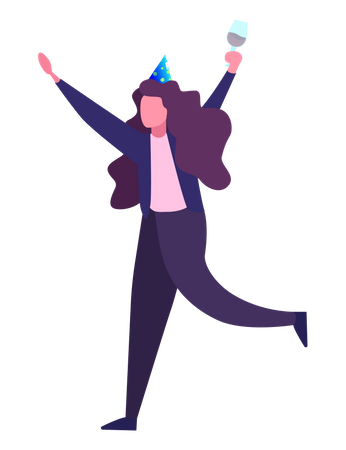 Businesswoman wearing party hat and holding drink glass Illustration