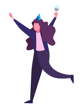 Businesswoman wearing party hat and holding drink glass  Illustration