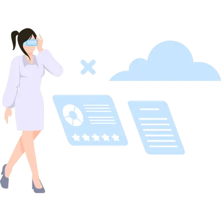 Businesswoman wearing vr glasses and looking report Illustration