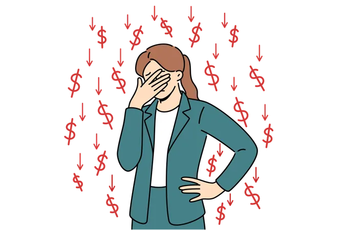 Businesswoman Who Is Victim Of Financial Crisis Covers Eyes With Hand Standing Among Dollar Signs And Downward Arrows Girl Feels Stressed Due To Onset Of Financial Crisis Caused By Recession Illustration