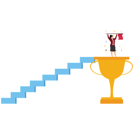 Businesswoman will hold a flag on victory trophy  Illustration