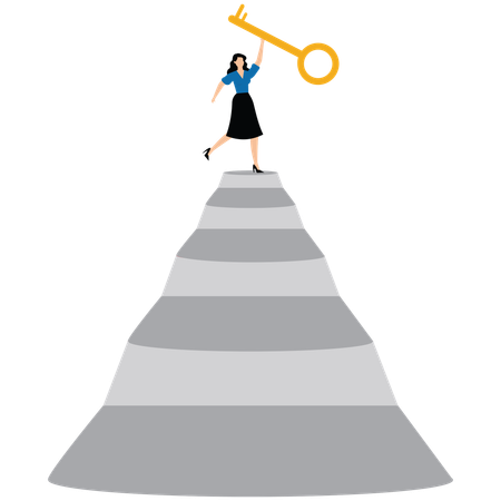 Businesswoman winner walk up to top of stairway lifting golden success key to the sky  Illustration