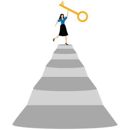 Businesswoman winner walk up to top of stairway lifting golden success key to the sky  Illustration