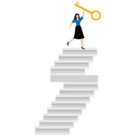 Businesswoman winner walk up to top of stairway lifting golden success key to sky  Illustration