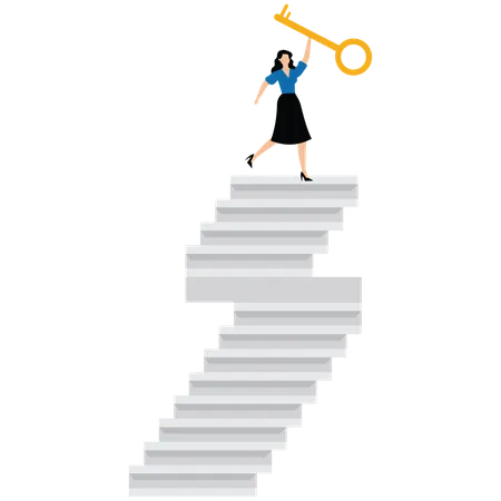 Businesswoman winner walk up to top of stairway lifting golden success key to sky  Illustration