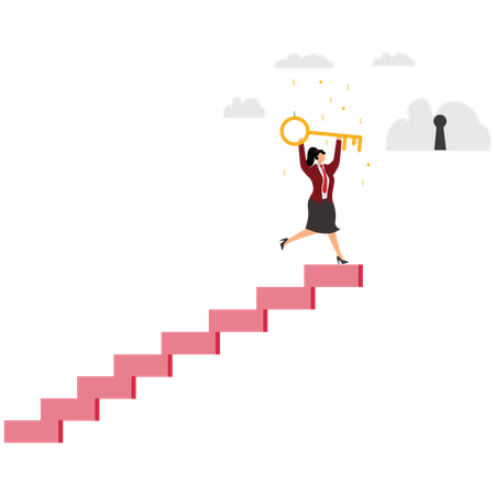 Businesswoman winner walks up to top of stairway lifting golden success key to sky  Illustration