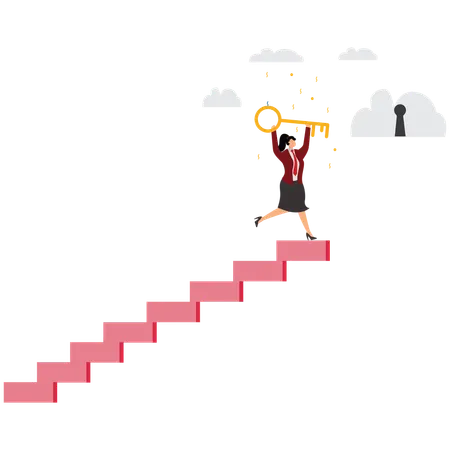 Businesswoman winner walks up to top of stairway lifting golden success key to sky  Illustration