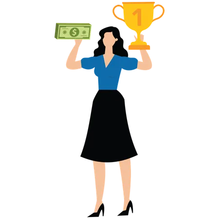 Businesswoman wins business trophy  Illustration