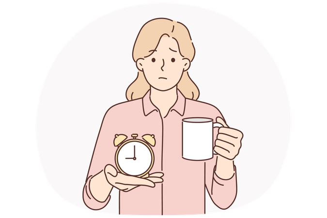 Businesswoman with alarm clock and cup of coffee offers to take break from work and cheer up  Illustration