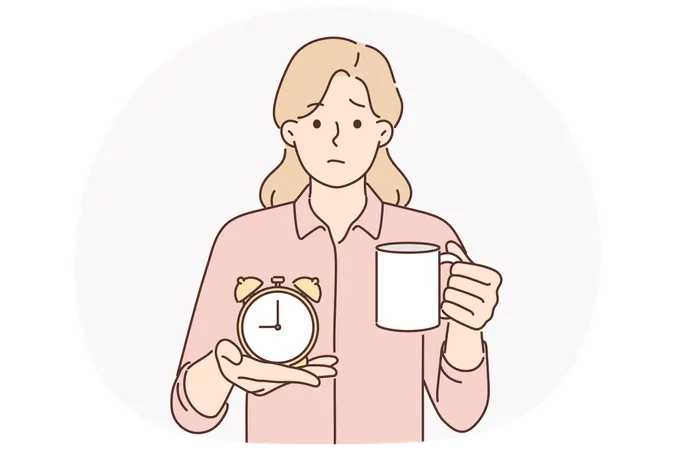 Businesswoman with alarm clock and cup of coffee offers to take break from work and cheer up  Illustration