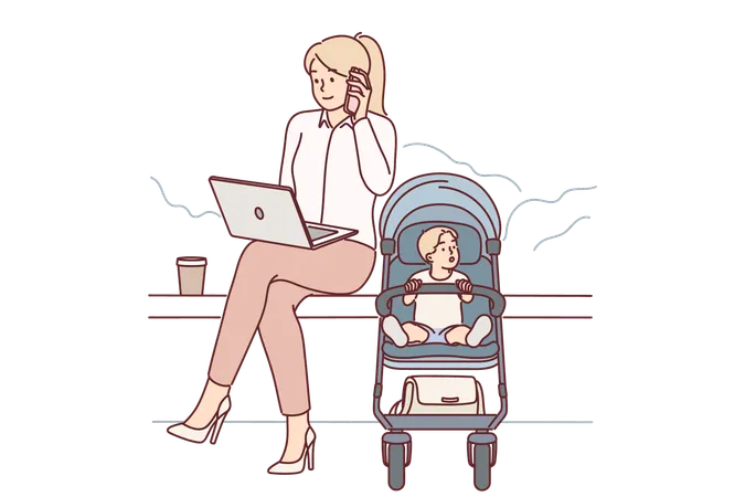 Businesswoman with baby in stroller sits in park works with laptop and mobile phone  イラスト