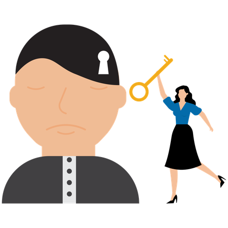 Businesswoman with big key and key hole on head symbol  Illustration