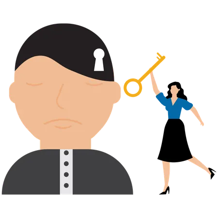 Businesswoman with big key and key hole on head symbol  Illustration