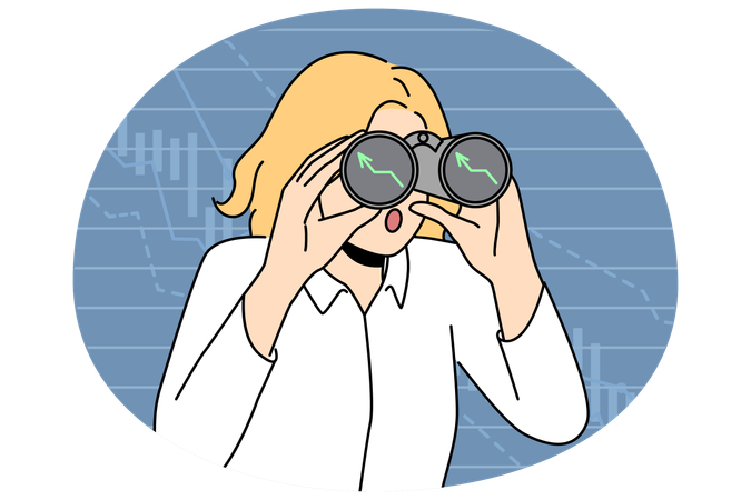 Businesswoman with binoculars search for investment  Illustration