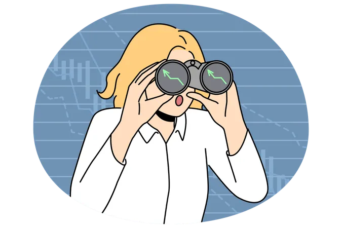 Businesswoman with binoculars search for investment  Illustration