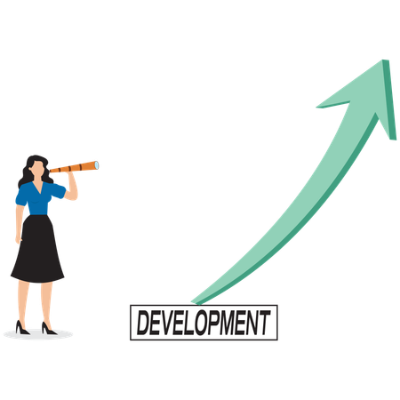 Businesswoman with binoculars watching arrow of development  Illustration