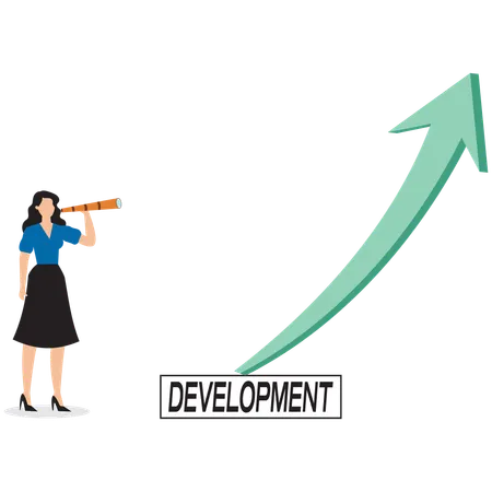 Businesswoman with binoculars watching arrow of development  Illustration