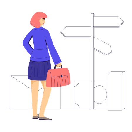 Businesswoman with briefcase picks direction  Illustration