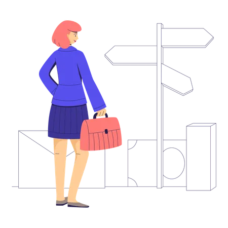 Businesswoman with briefcase picks direction  Illustration