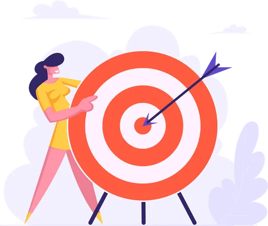 Businesswoman Holding Huge Target With Arrow In Center Business Goals Achievement Aims Mission Opportunity And Challenge Task Solution Business Strategy Concept Cartoon Flat Vector Illustration Illustration