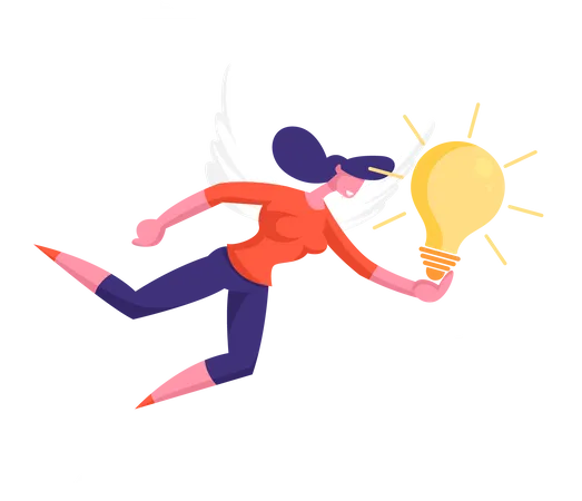 Female Character With White Wings And Glowing Light Bulb In Hand Flying In Sky Businesswoman Have Creative Idea Muse Business Vision Educational Insight And Motivation Cartoon Vector Illustration Illustration