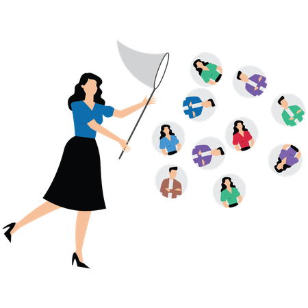 Businesswoman with butterfly net catching customers  Illustration