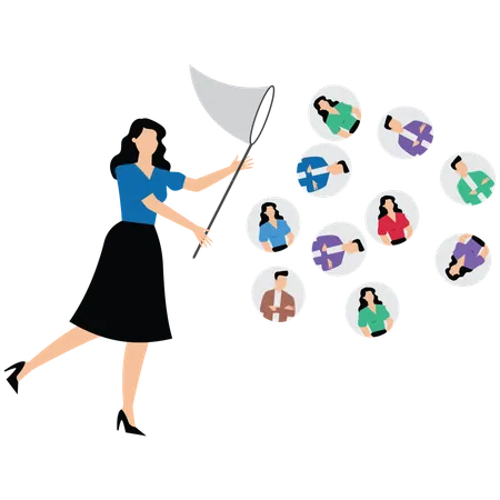 Businesswoman with butterfly net catching customers  Illustration