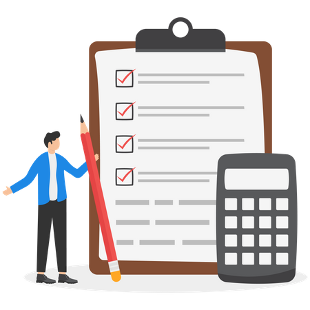 Businesswoman with calculator estimate cost from project document  Illustration
