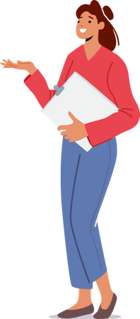 Businesswoman with clipboard in hand pointing  Illustration