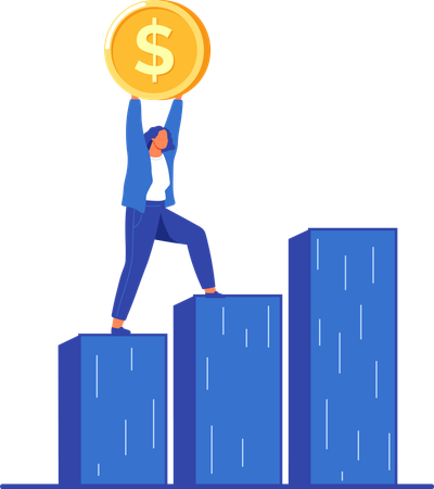 Businesswoman with coin in hands standing on bar chart  Illustration