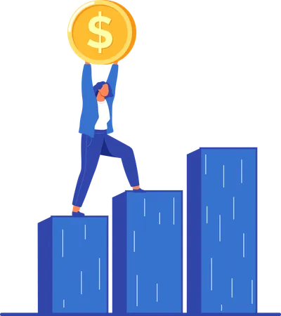 Businesswoman with coin in hands standing on bar chart  Illustration