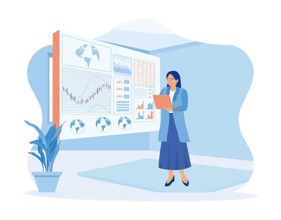 Businesswoman with digital business and charts  Illustration