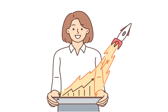Businesswoman With Graph And Rocket Taking Off Symbolizing Financial Success Of Company Or Attracting Investment In Startup Woman Manager With Tablettop Showing Client Growth Graph In Startup Illustration