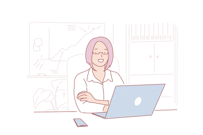 Businesswoman with laptop at workplace  Illustration
