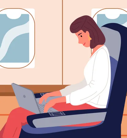Businesswoman Sitting With Laptop In Business Class Of Airplane Sitting Near Window Using Internet Confident Woman Smiling Looking At Screen Of Computer Cozy Trip At Comfortable Chair In Plane Illustration