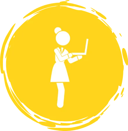 Yellow Circle Logo Or Avatar With Business Woman In Office Dress Business Lady Holding Laptop And Looking At Screen Silhouette Of Office Worker Working At Computer Stamp Style Girl And Technology Illustration