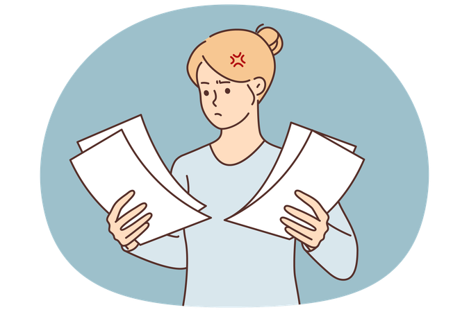Businesswoman with lot of documents in hands unhappy with received letter from tax office  Illustration
