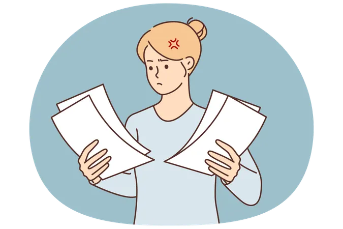 Businesswoman with lot of documents in hands unhappy with received letter from tax office  Illustration