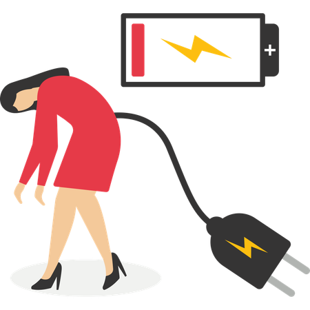 Businesswoman with low battery ​indicator crawling to electric plug for charging power  Illustration