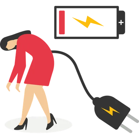 Businesswoman with low battery ​indicator crawling to electric plug for charging power  Illustration