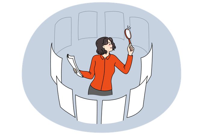 Businesswoman with magnifier glass search career options  Illustration