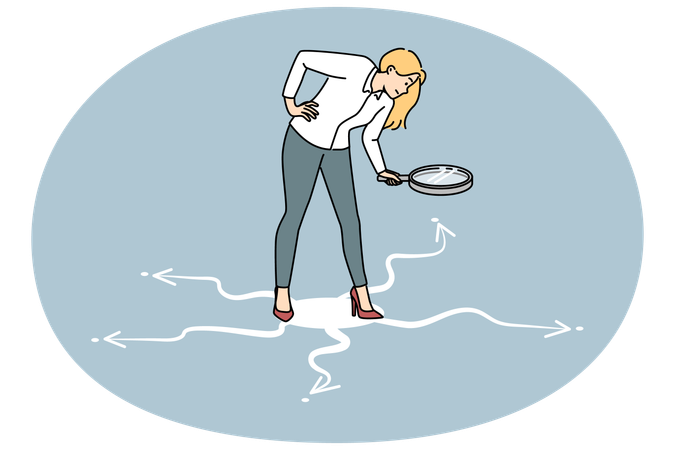 Businesswoman with magnifier look for correct way  Illustration