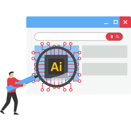 인공지능 브라우저 옆에 돋보기를 들고 서 있는 사업가  일러스트레이션